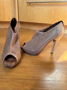 Perforated Tan Leather Peep-Toe Stiletto Booties 9.5